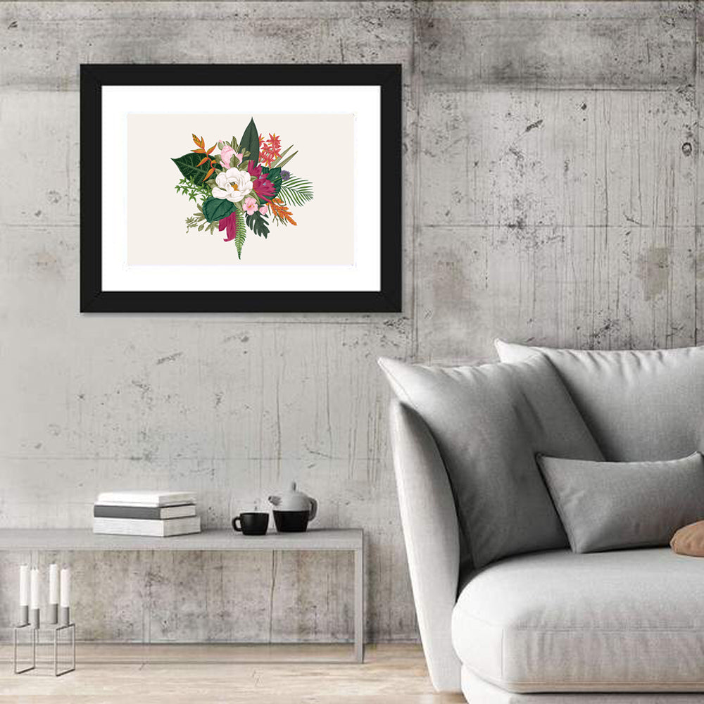 Tropical Bouquet with White Flower Wall Art in a room, landscape