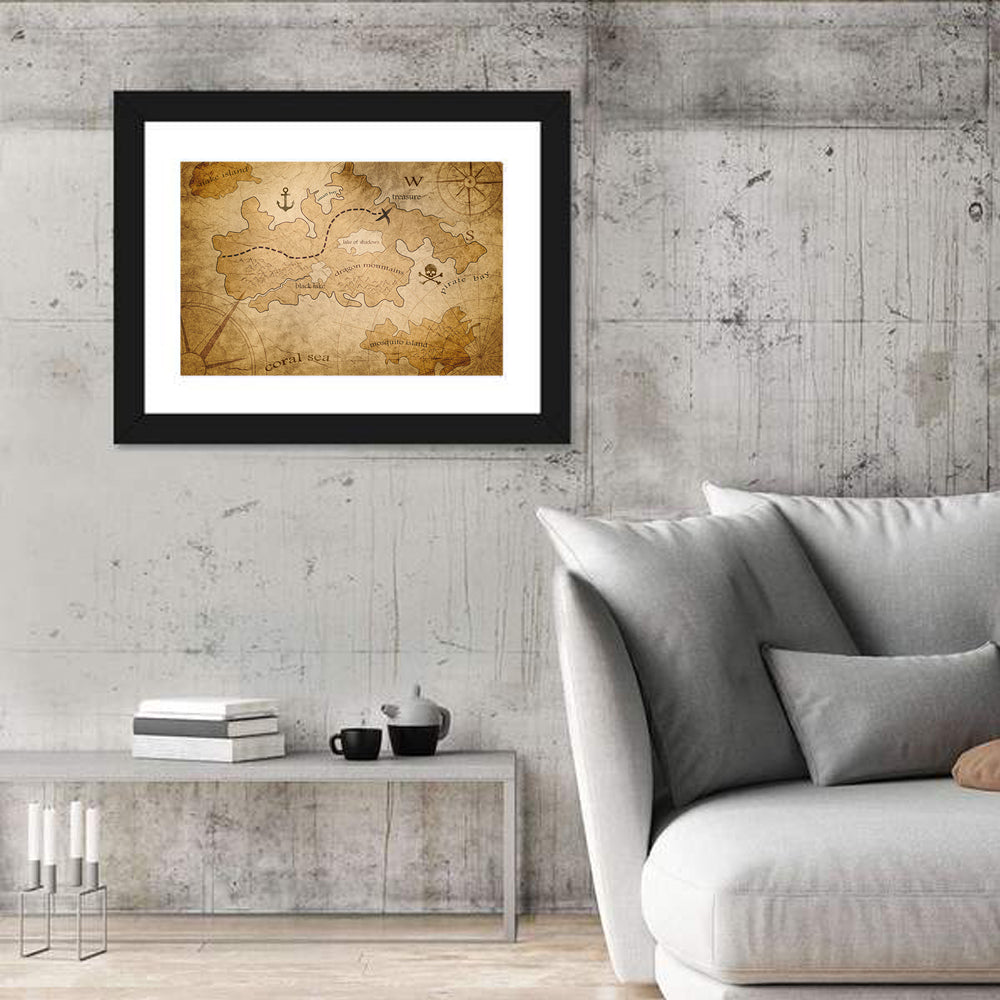 Vintage Pirate Treasure Map Wall Art in a room, landscape