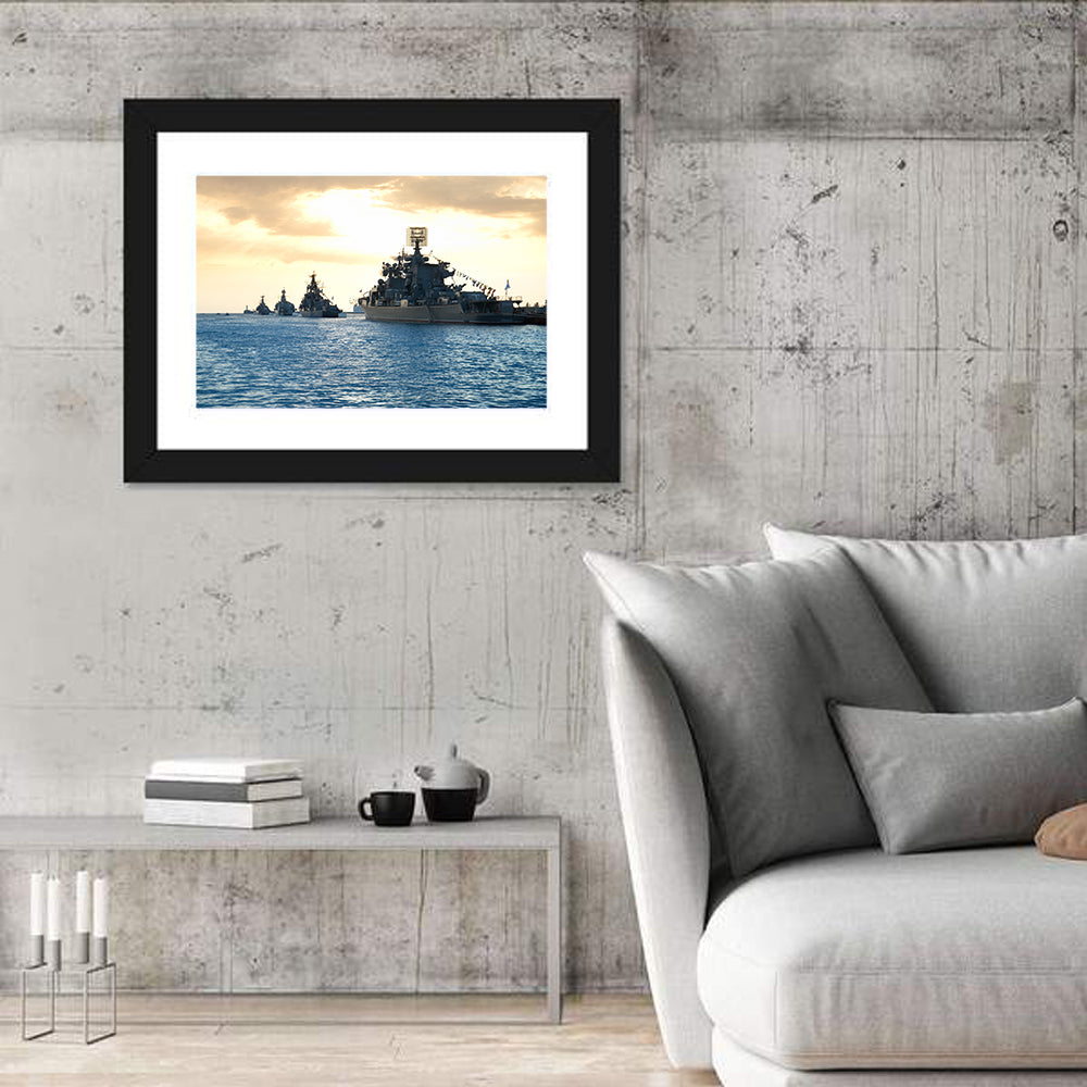 Naval Fleet at Golden Sunset Wall Art in a room, landscape