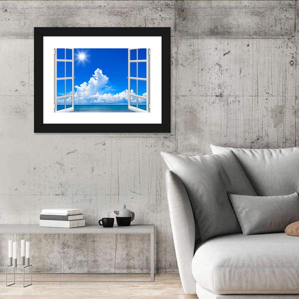 Seaside Window View Wall Art in a room, landscape