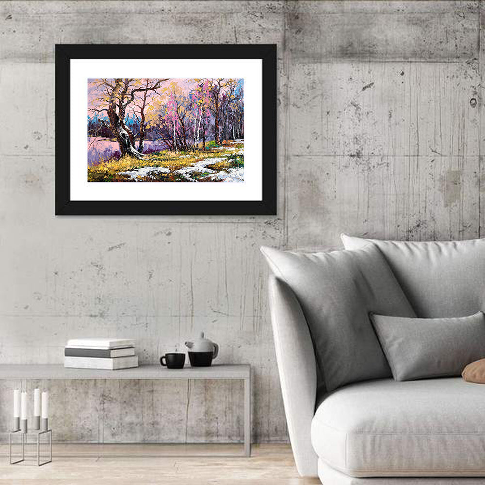 Autumn Lakeshore with Pink Foliage Wall Art