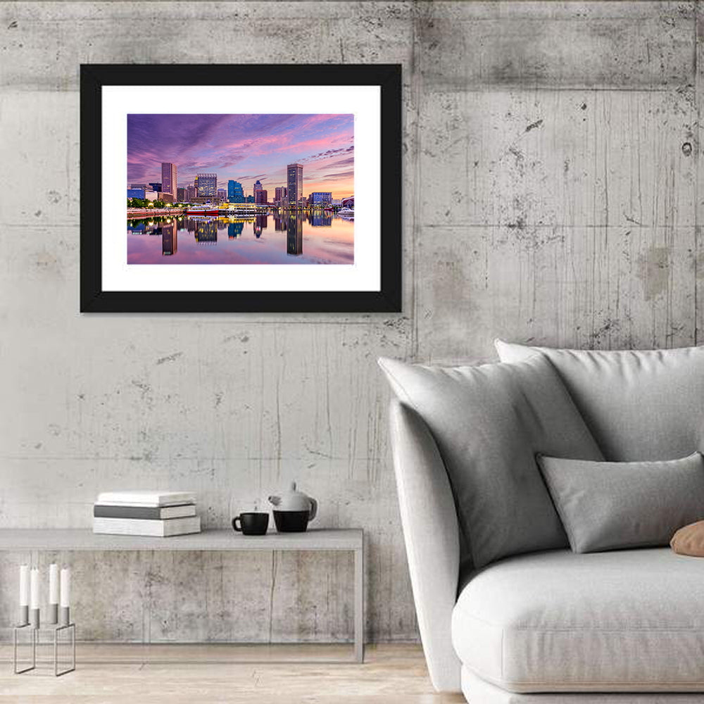 Baltimore Inner Harbor Skyline Wall Art in a room, landscape