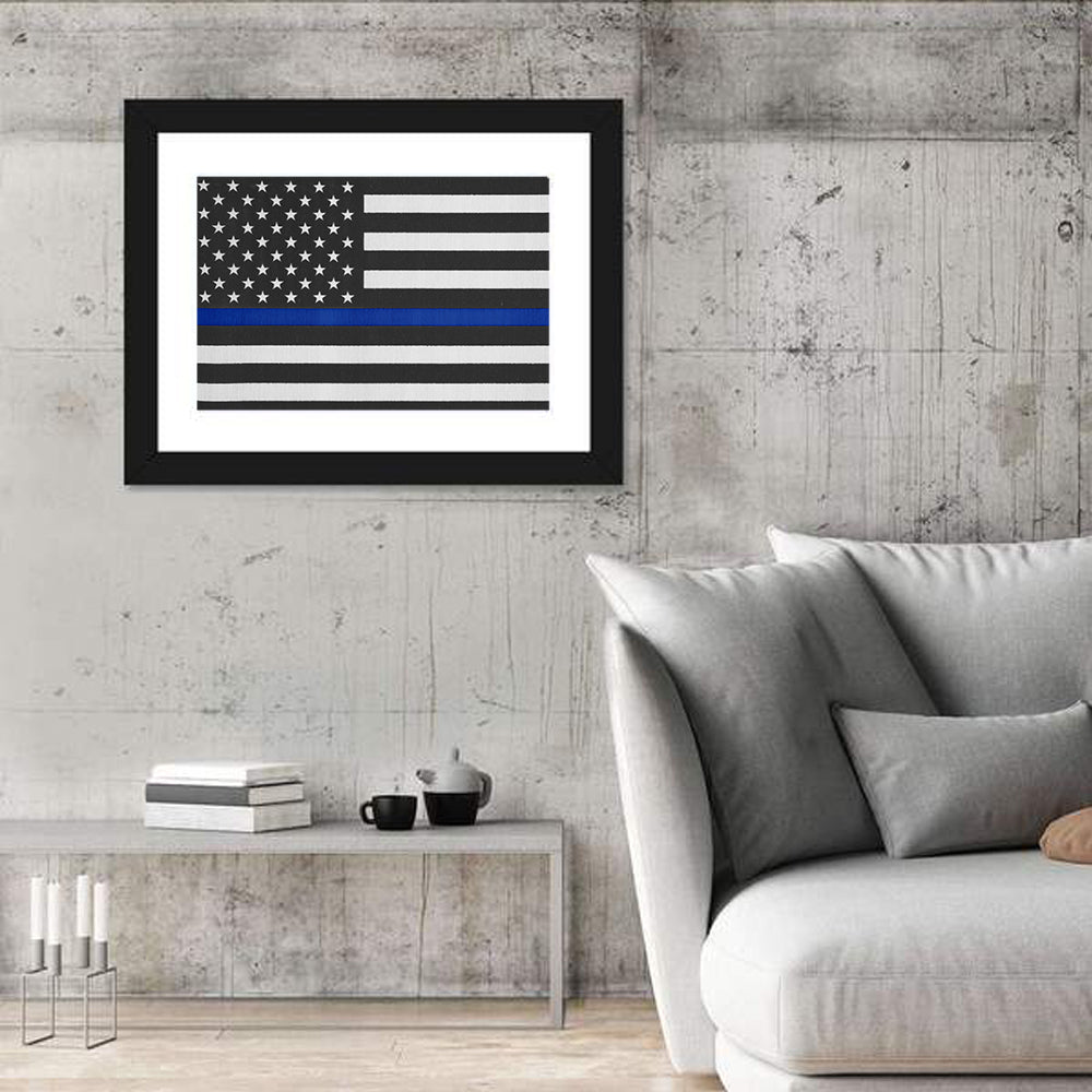 Monochrome American Flag with Blue Stripe Wall Art in a room, landscape