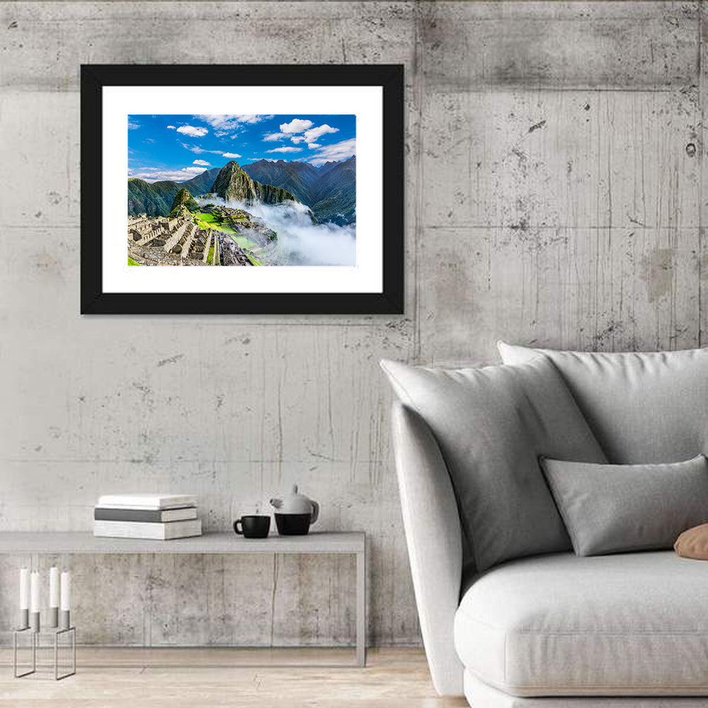 Machu Picchu Among Mountain Clouds Wall Art in a room, landscape
