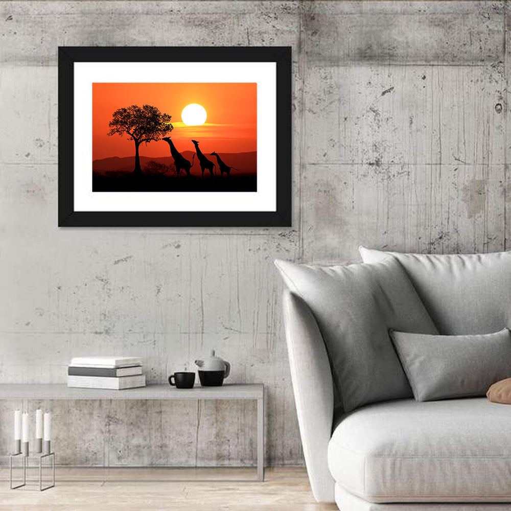 Three Giraffes at Sunset Wall Art in a room, landscape