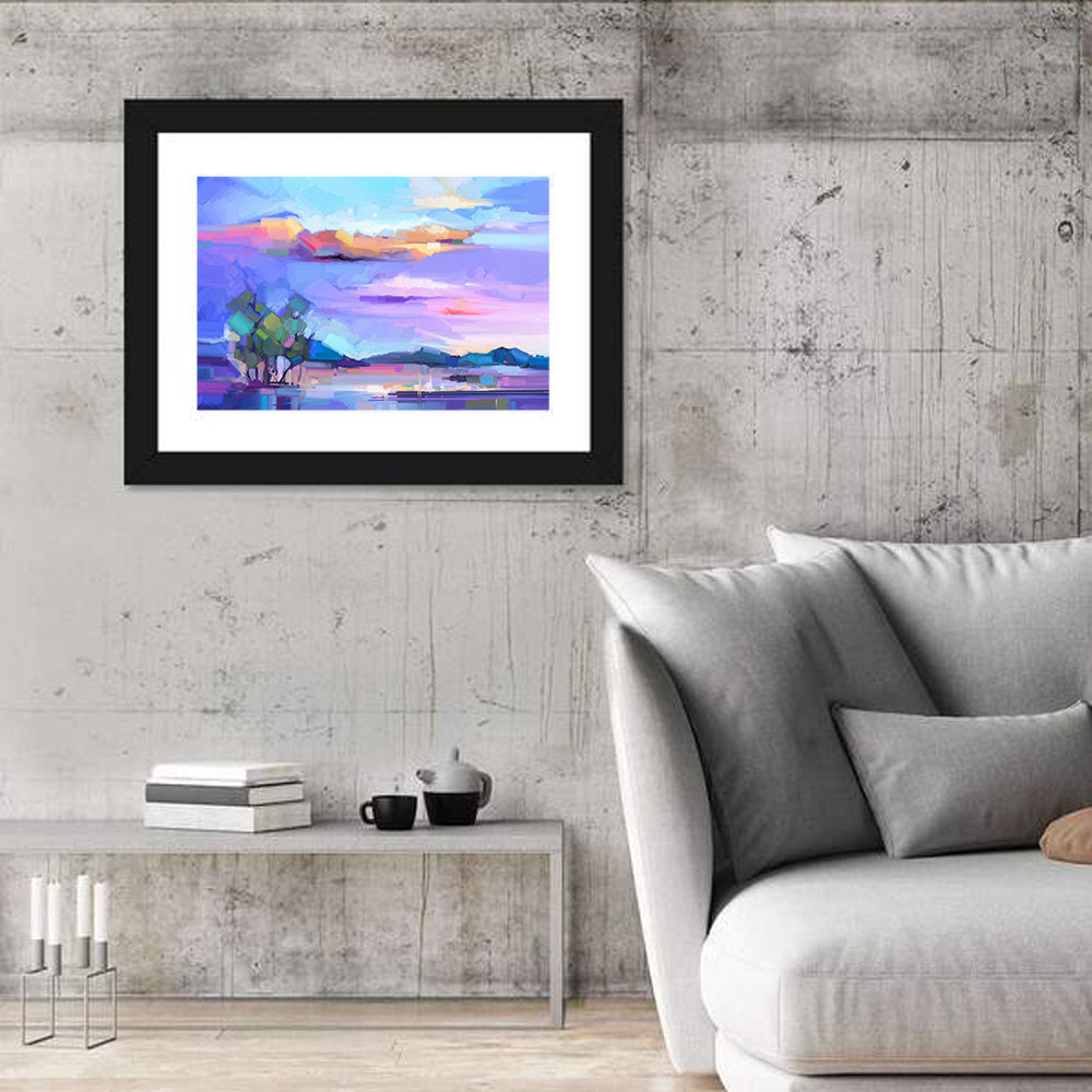 Dusk Lake Reflection Wall Art in a room, landscape