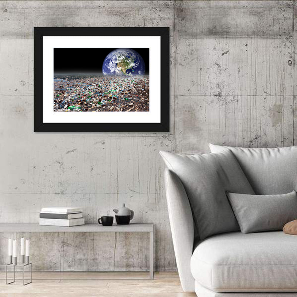 Earth Sinking Into Plastic Ocean Wall Art in a room, landscape