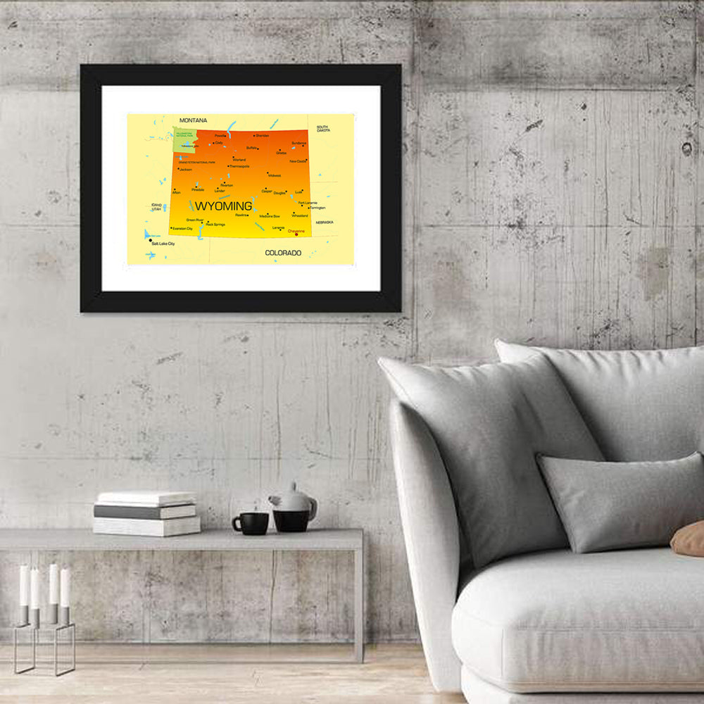 Wyoming Map in Yellow and Orange Wall Art in a room, landscape