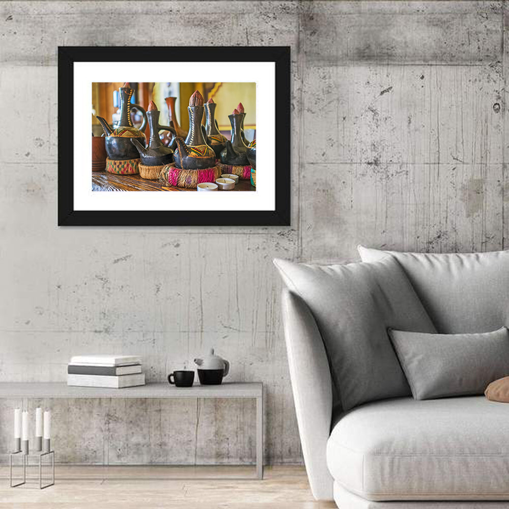 Clay Pots on African Cafe Counter Wall Art in a room, landscape