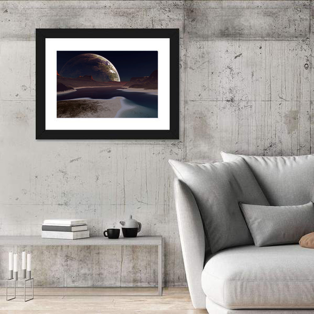 Alien Moonrise Over Lake Wall Art in a room, landscape