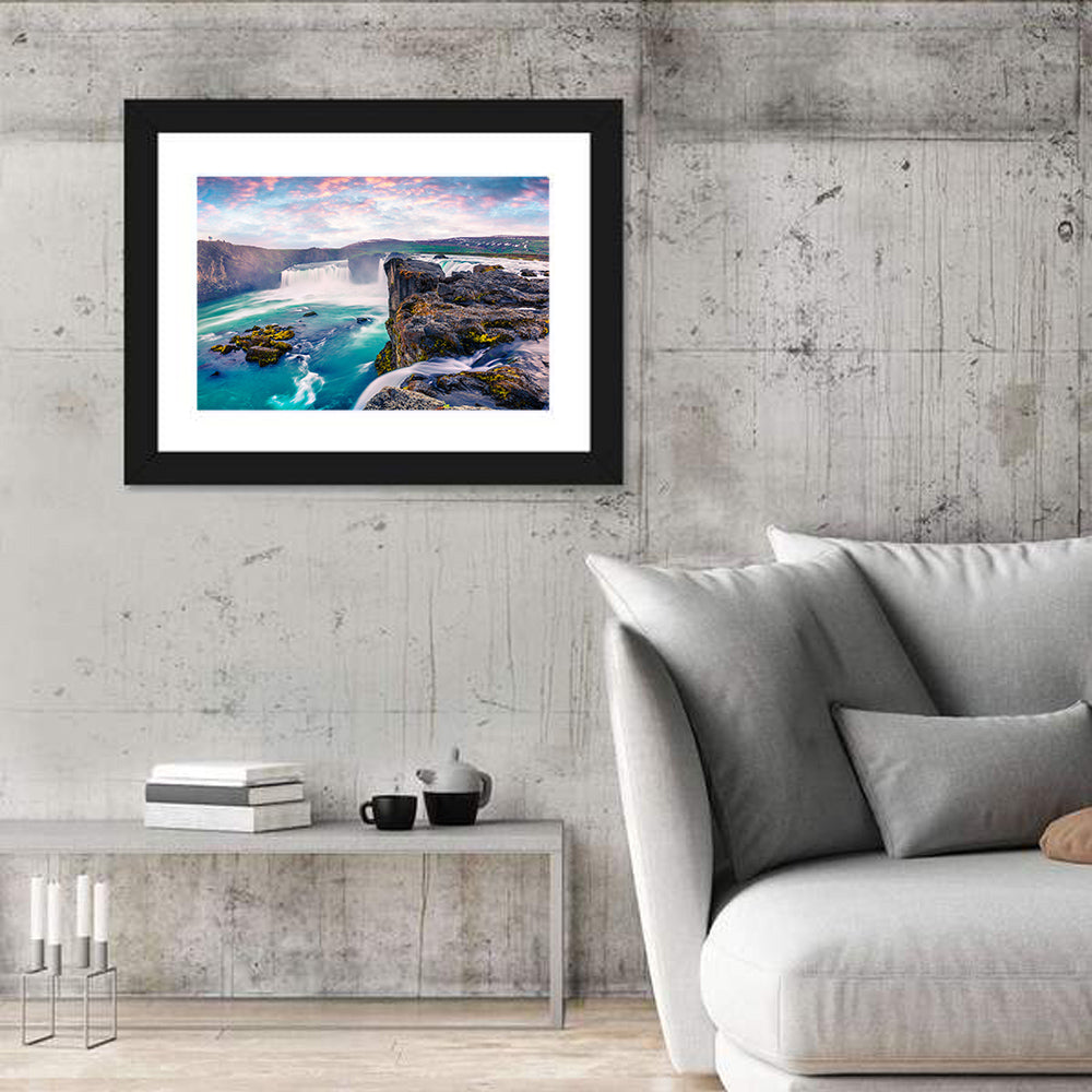 Goðafoss Waterfall at Dusk Wall Art in a room, landscape