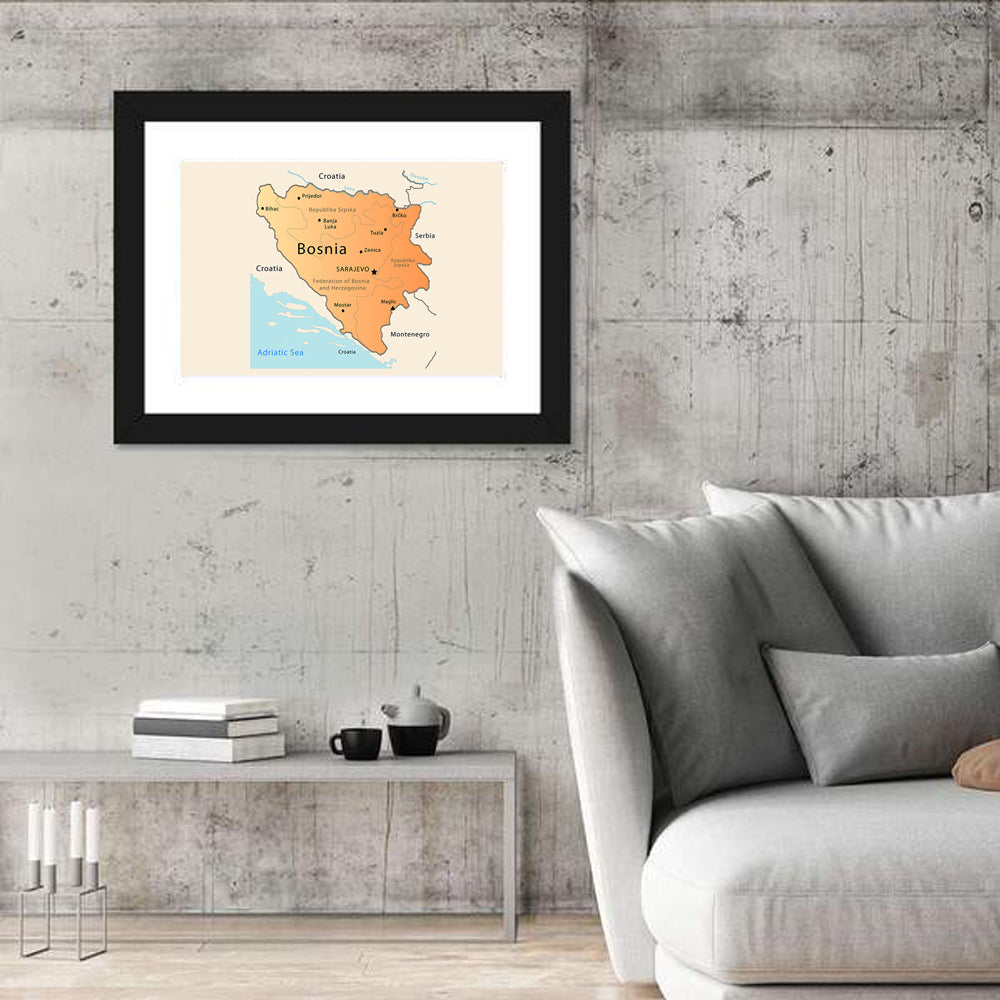 Bosnia and Herzegovina Map Wall Art in a room, landscape