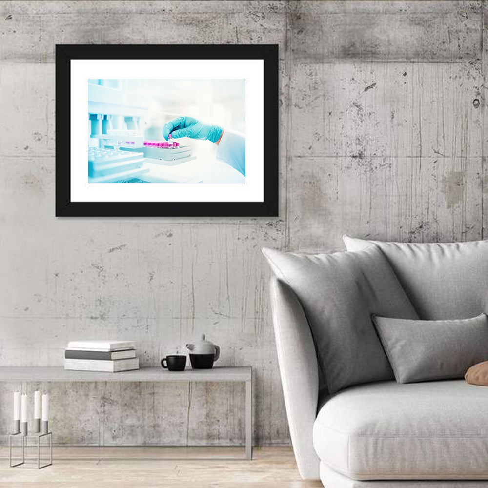 Gloved Hand Placing Vial in Laboratory Wall Art in a room, landscape