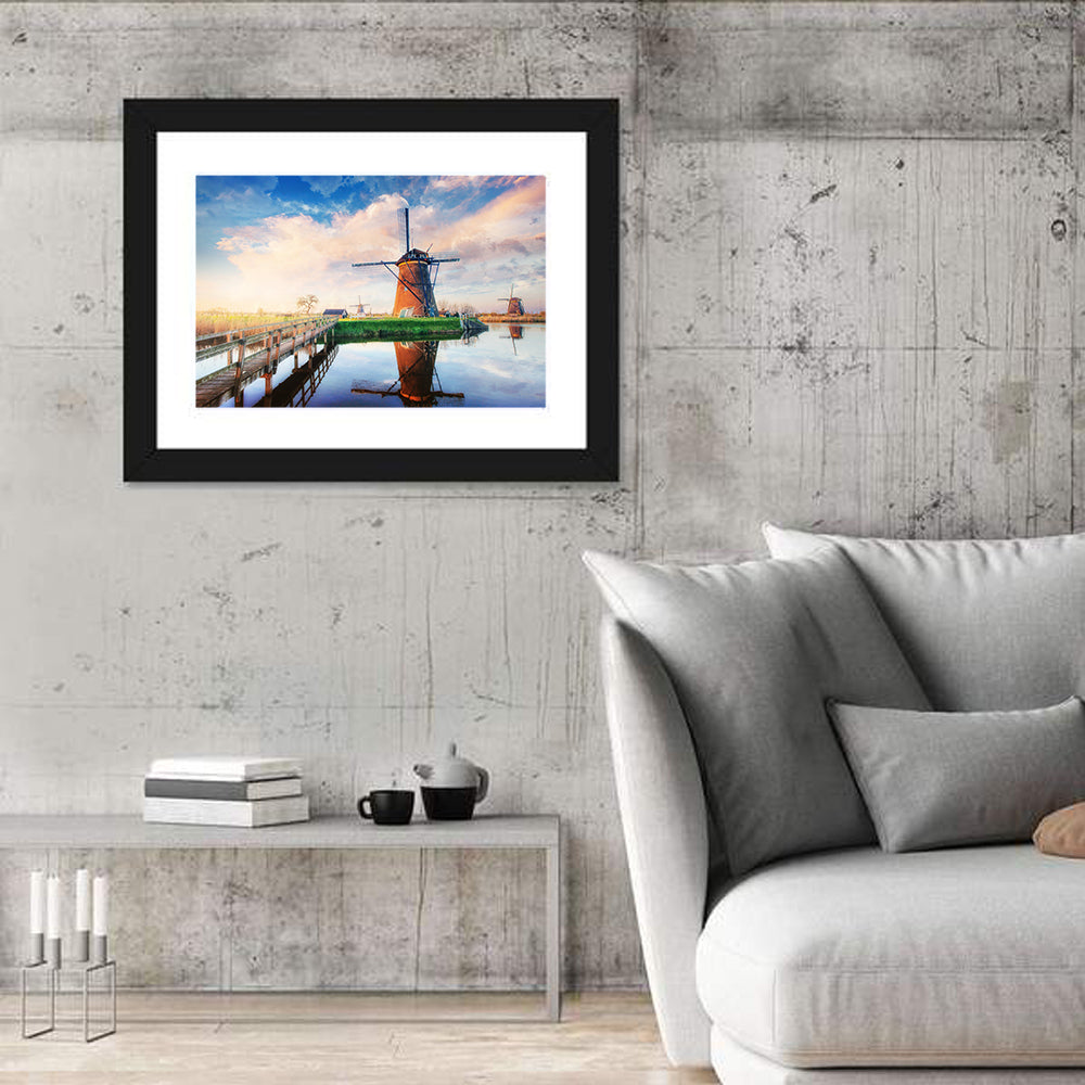 Kinderdijk Windmills at Golden Hour Wall Art in a room, landscape