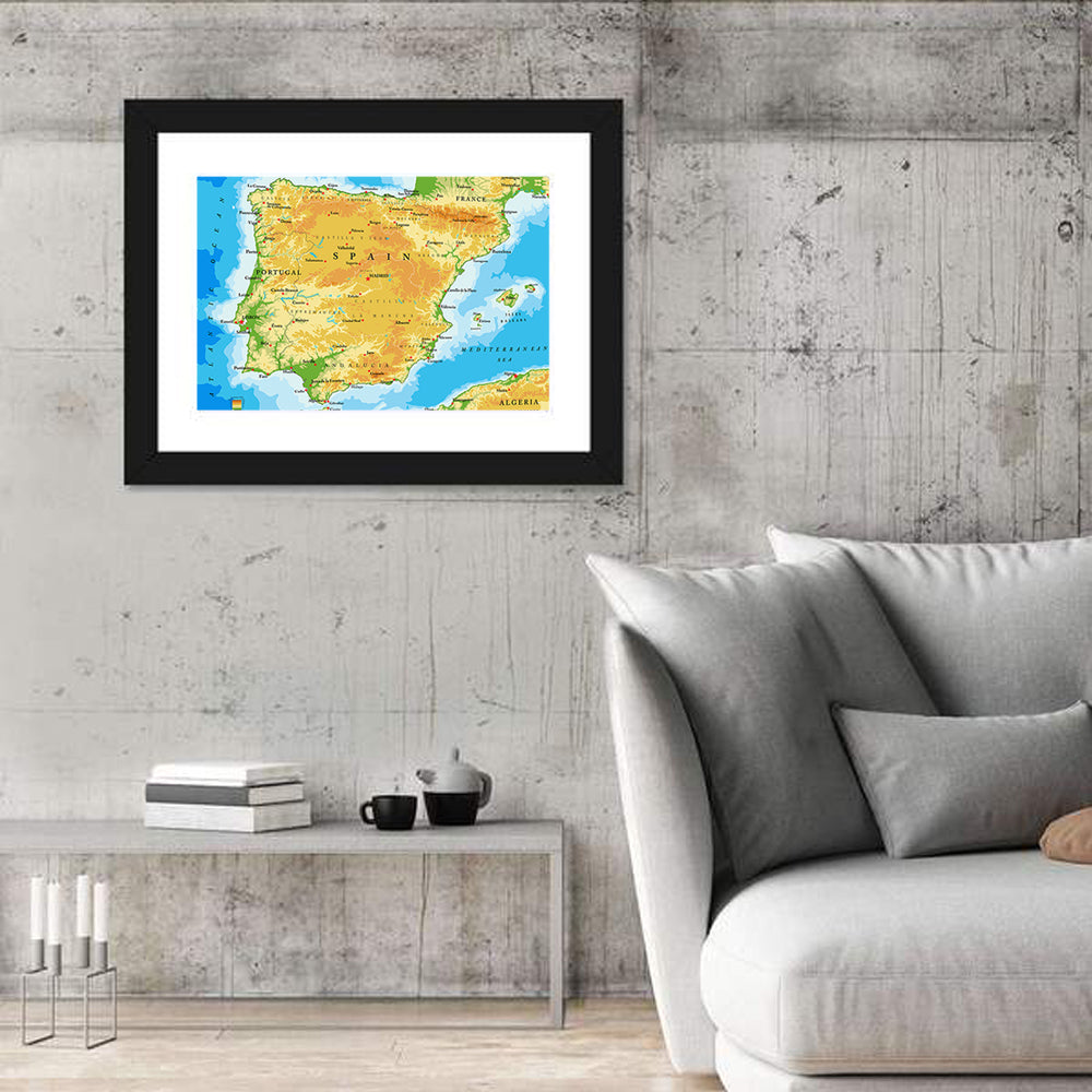 Iberian Peninsula Physical Map Wall Art in a room, landscape