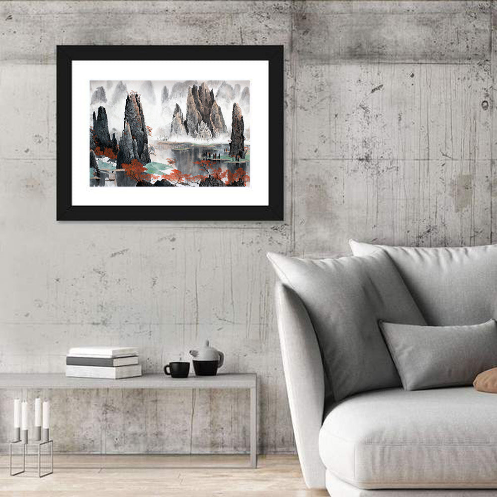 Autumn Mist Over Mountain Lake Wall Art in a room, landscape