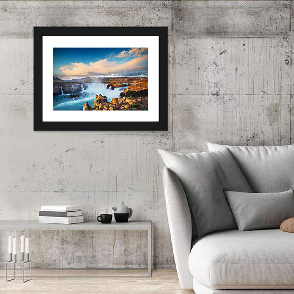 Godafoss Waterfall at Golden Hour Wall Art in a room, landscape