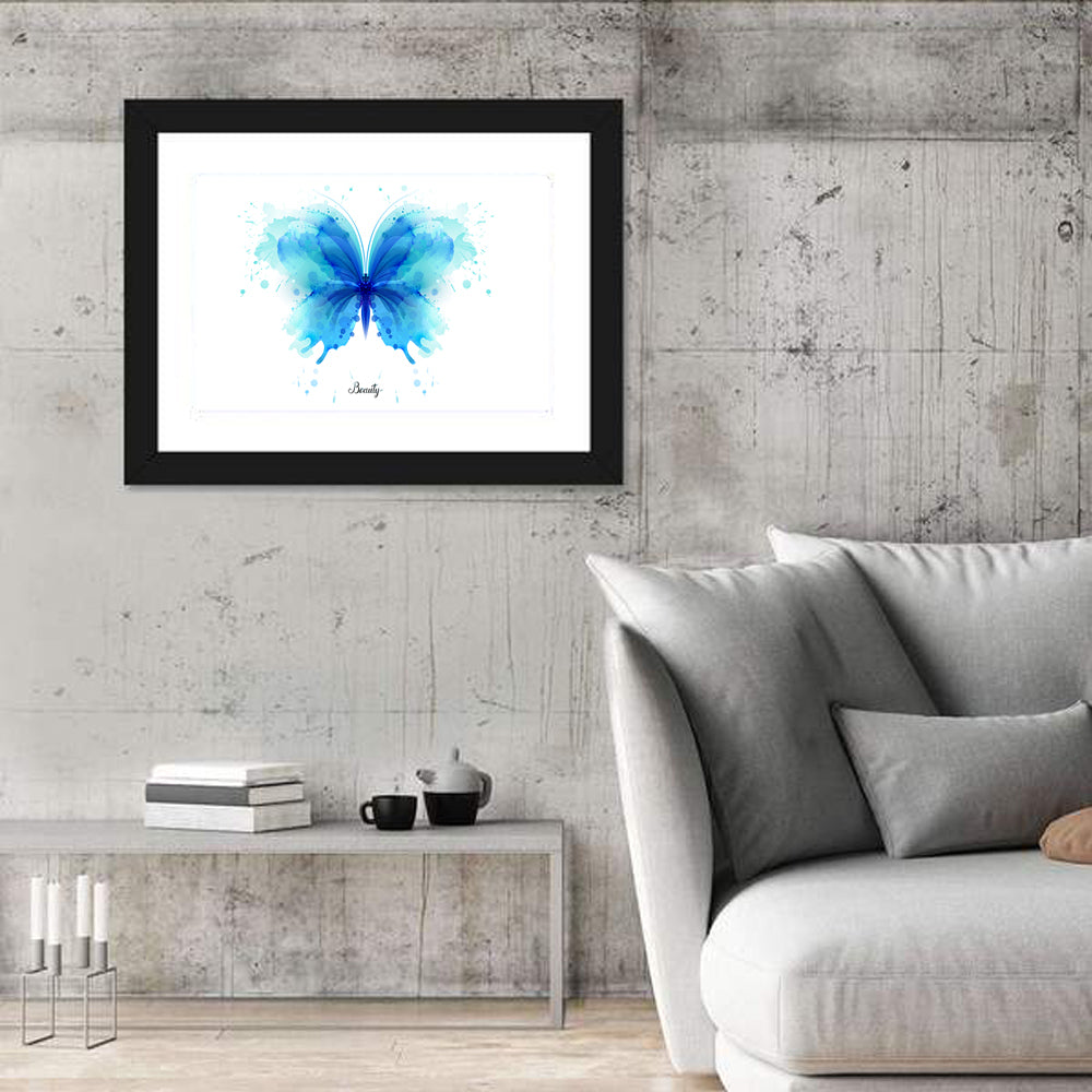 Translucent Blue Butterfly Wall Art in a room, landscape