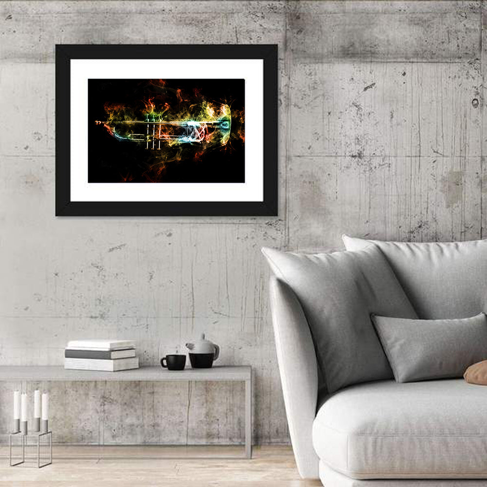Brass Trumpet with Vibrant Smoke Wall Art in a room, landscape