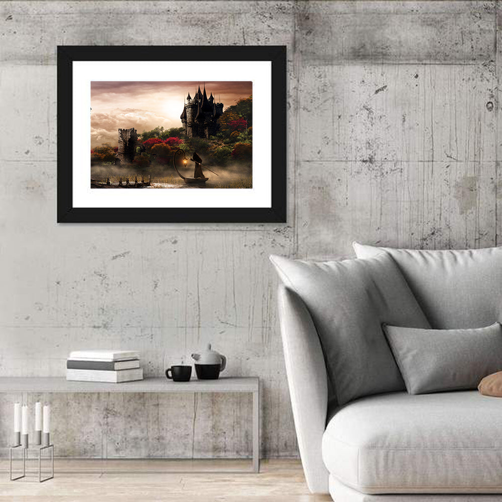 Castle Over Misty Lake at Dusk Wall Art