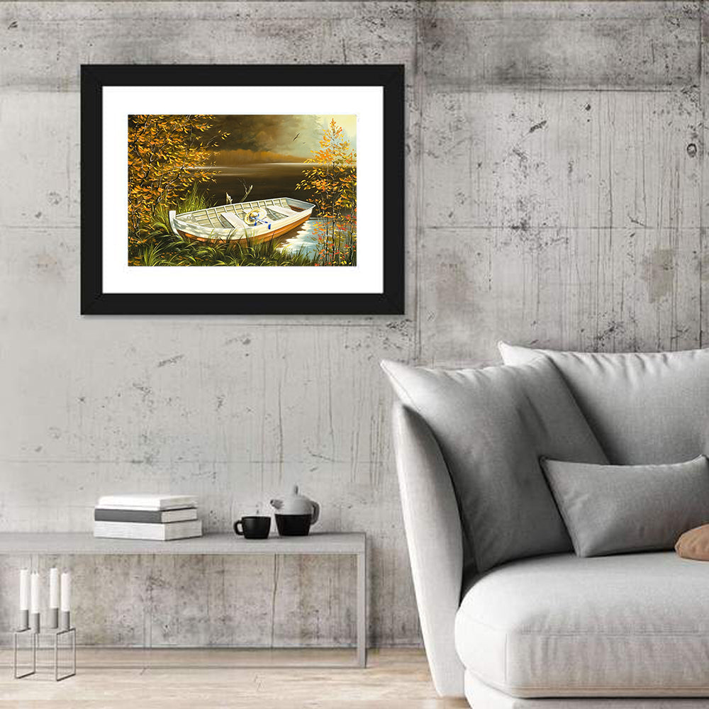 Boat with Straw Hat on Lake Bank Wall Art
