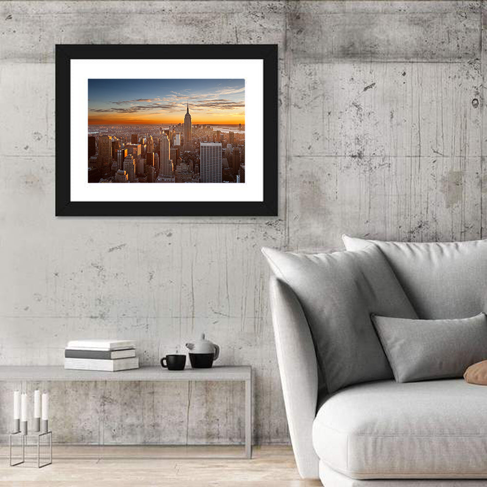 Manhattan Sunset with Empire State Wall Art in a room, landscape