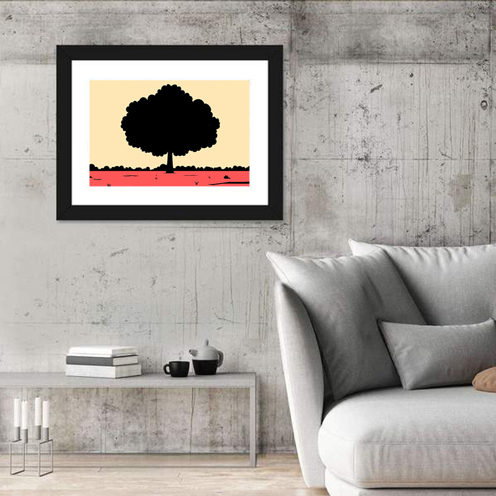Red Horizon Tree Silhouette Wall Art in a room, landscape