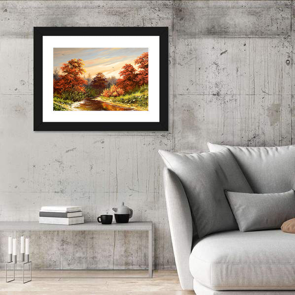 Winding Autumn River Wall Art in a room, landscape