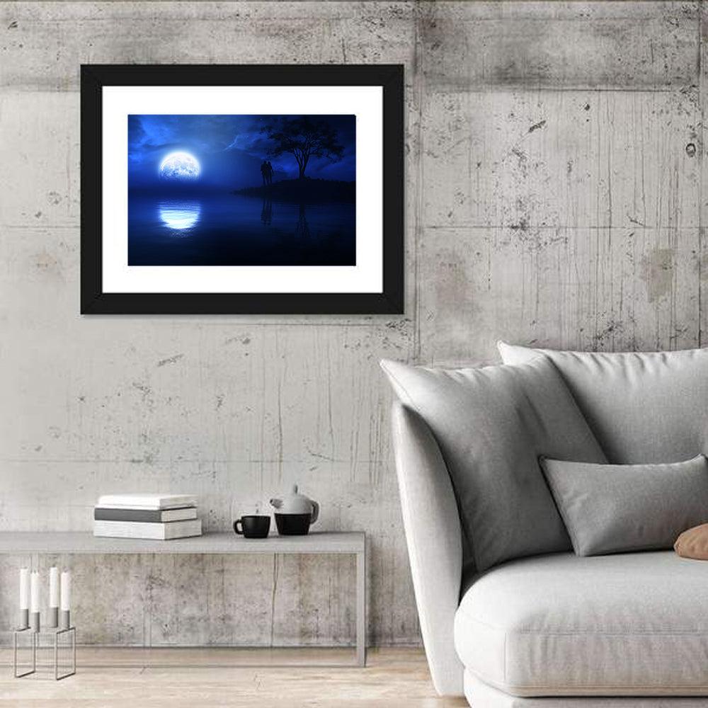 Loving Couple Under Moonlight Wall Art in a room, landscape