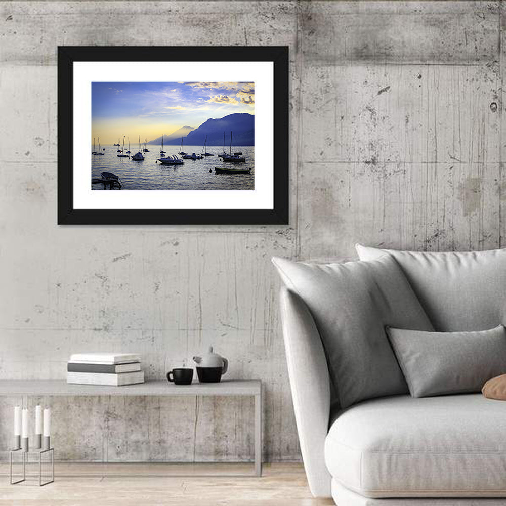 Lake Garda Harbor Sunset Wall Art in a room, landscape