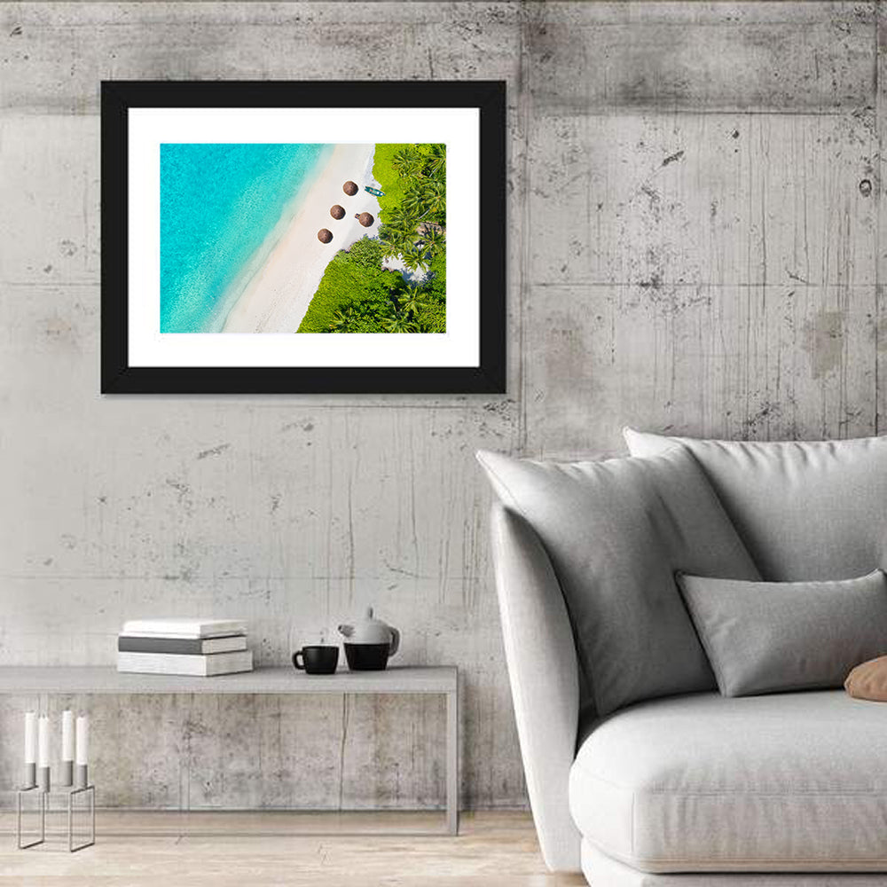 Maldives Aerial Beach View Wall Art in a room, landscape