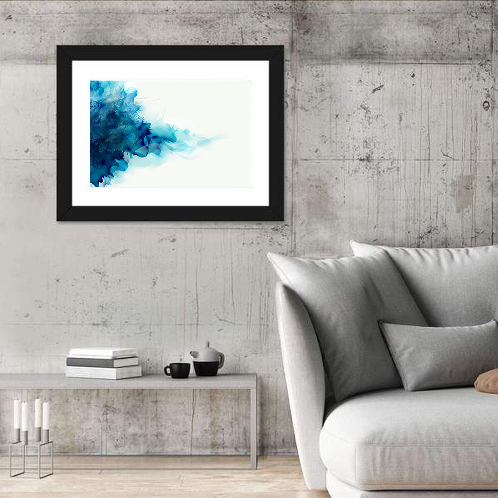 Blue Watercolor Ink Blot Wall Art in a room, landscape