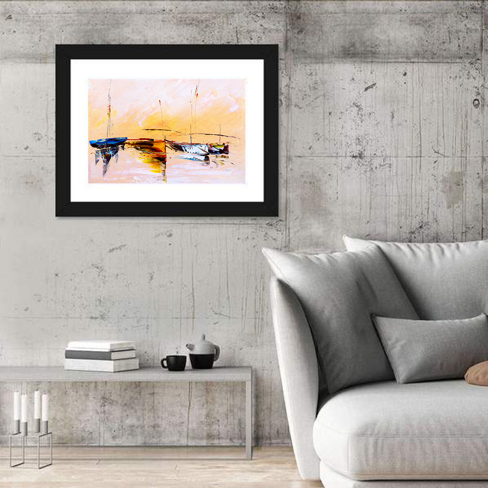 Harbor Boat Reflections Wall Art in a room, landscape