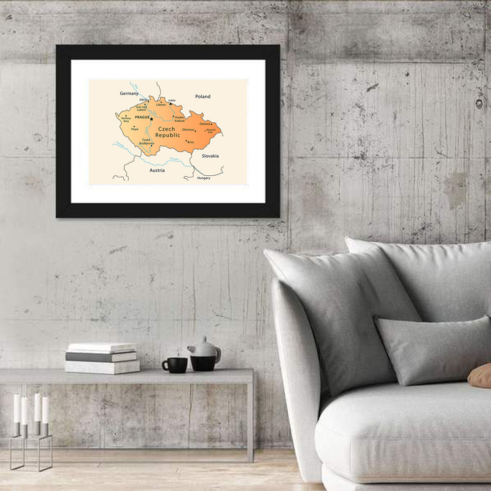 Minimalist Czech Republic Map Wall Art in a room, landscape
