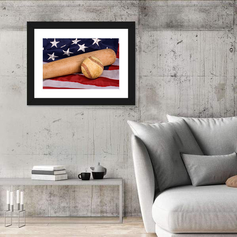 Baseball and Bat on American Flag Wall Art