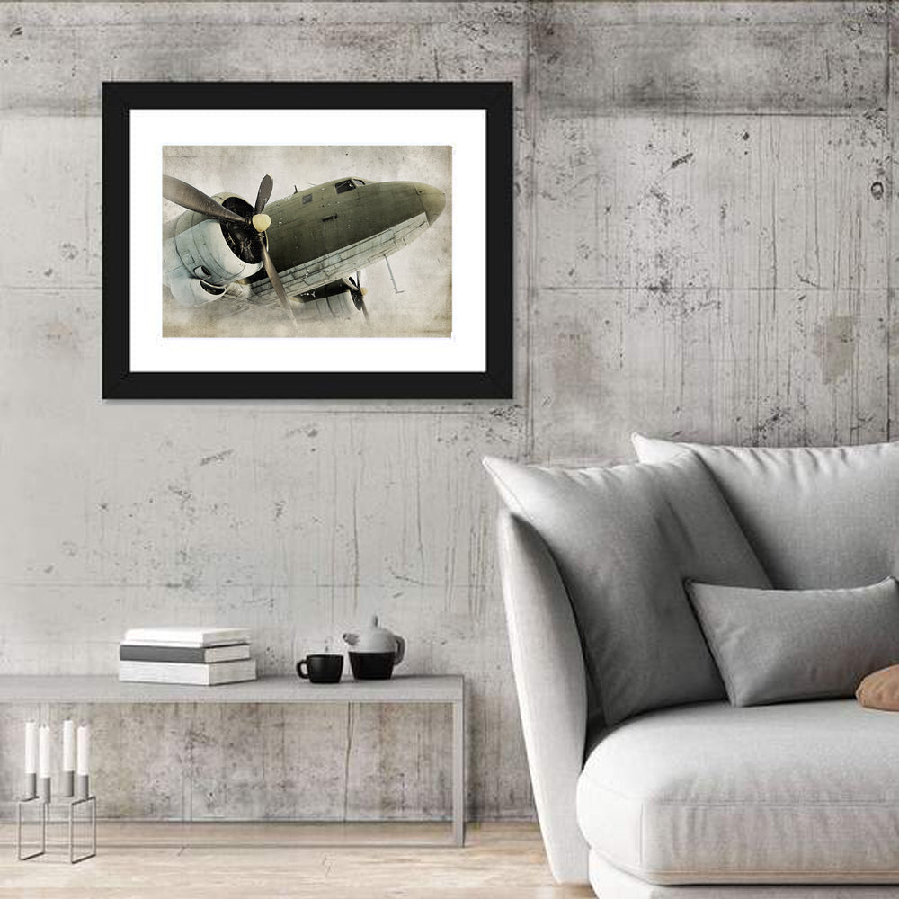 Low Angle Vintage Propeller Airplane Wall Art in a room, landscape