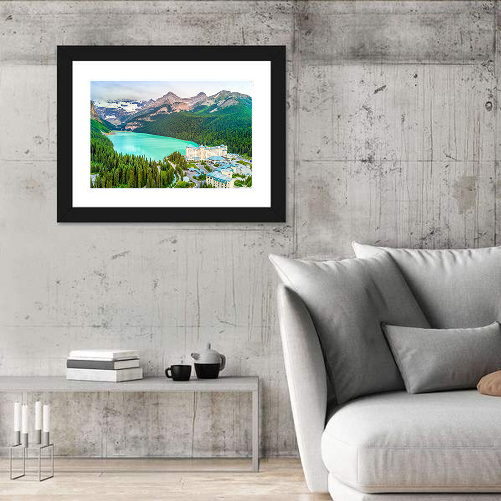 Lake Louise Aerial View Wall Art in a room, landscape