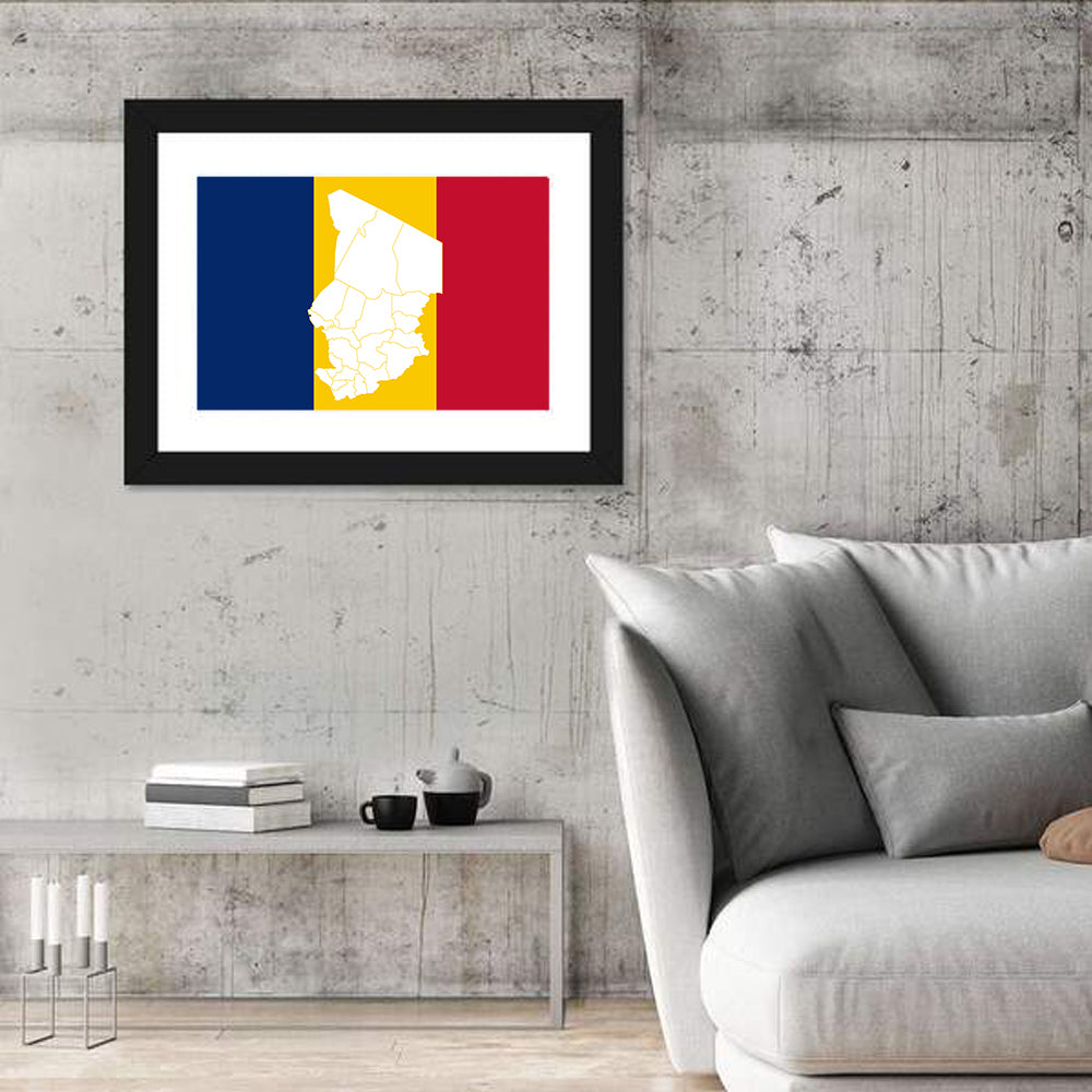 Chad Map with Tricolor Flag Wall Art in a room, landscape