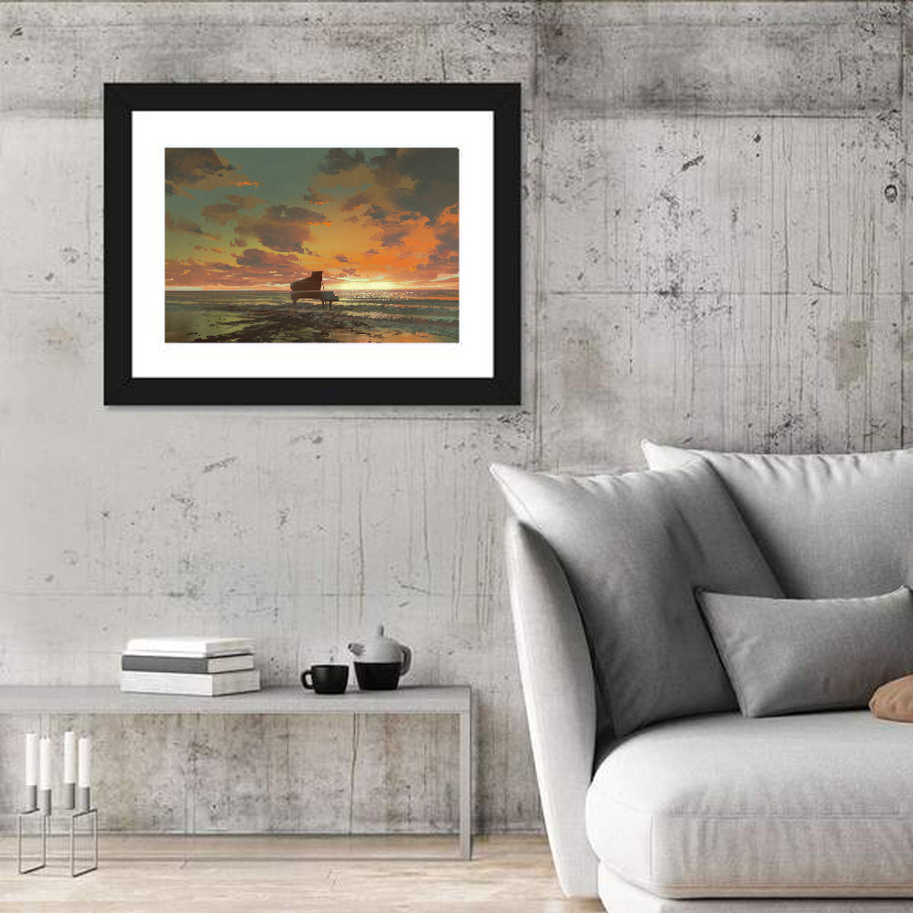 Piano on the Beach at Sunset Wall Art in a room, landscape