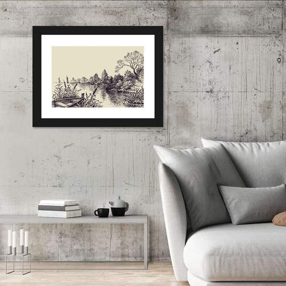 Ink Sketch Rowboat on Lake Wall Art in a room, landscape