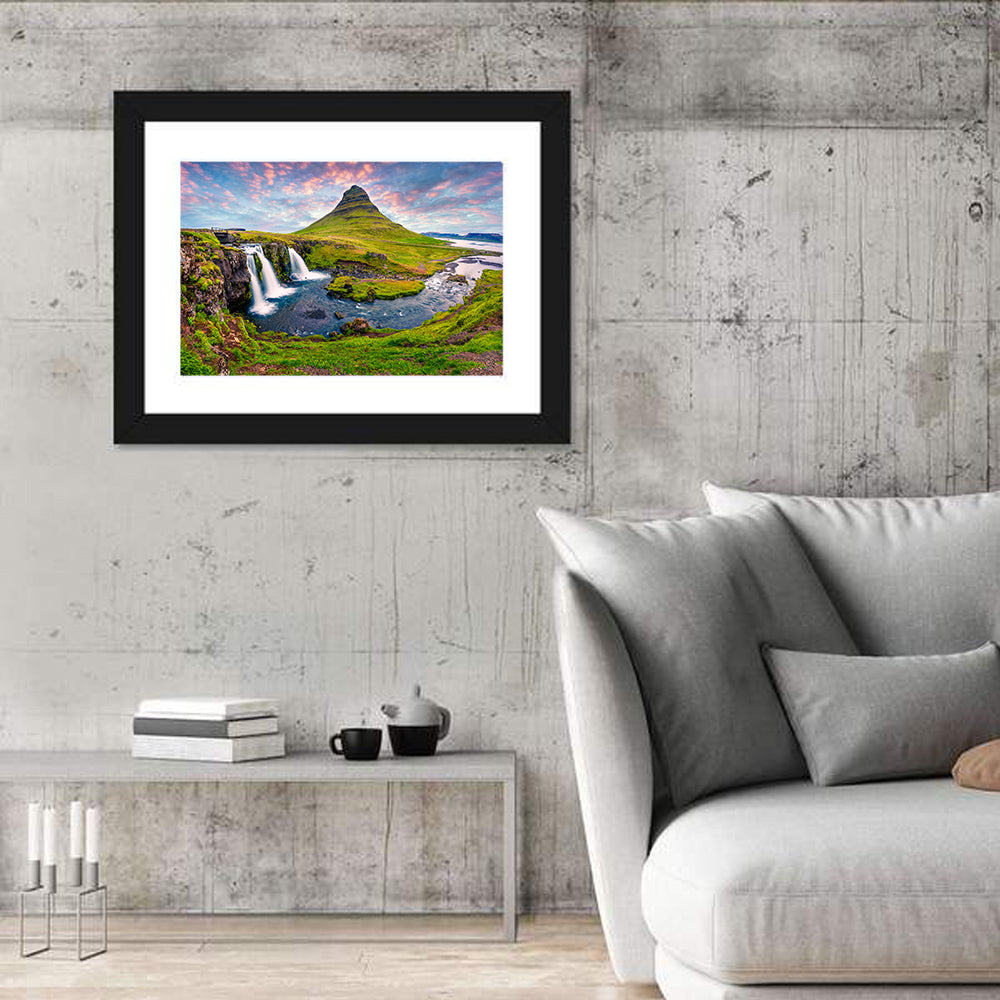 Kirkjufell Peak and Kirkjufellsfoss Wall Art in a room, landscape