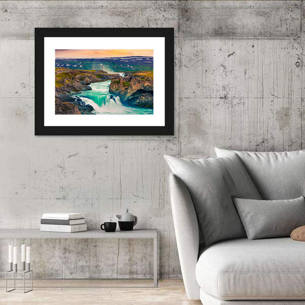 Godafoss Sunset Cascade Wall Art in a room, landscape
