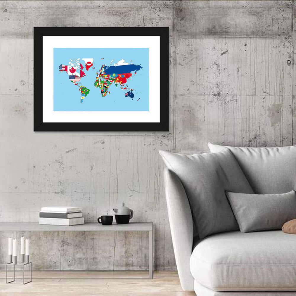 World Map with Flag Motifs Wall Art in a room, landscape
