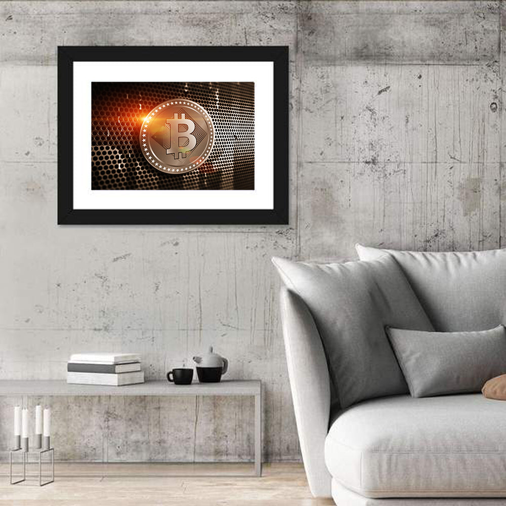 Golden Bitcoin Closeup Wall Art in a room, landscape