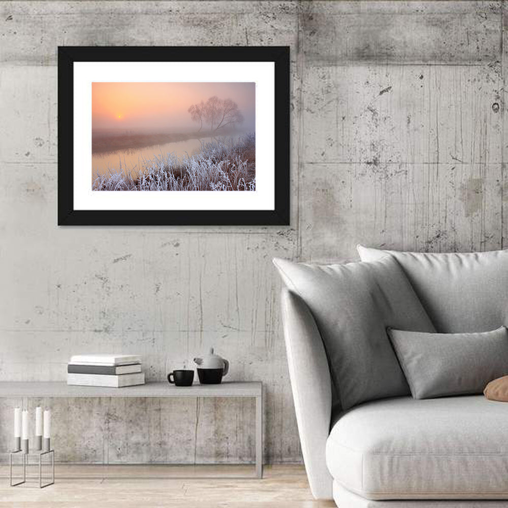 Misty Morning on the River Wall Art in a room, landscape