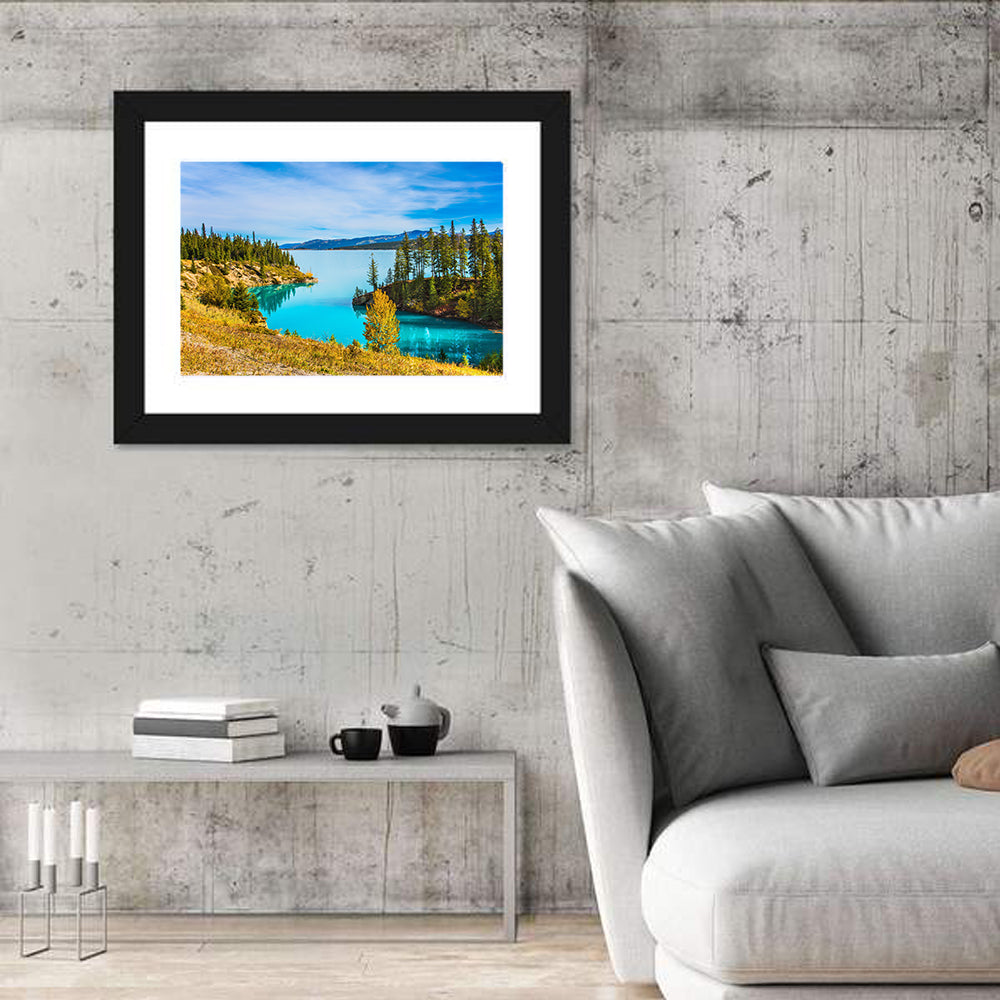 Abraham Lake Autumn Landscape Wall Art in a room, landscape