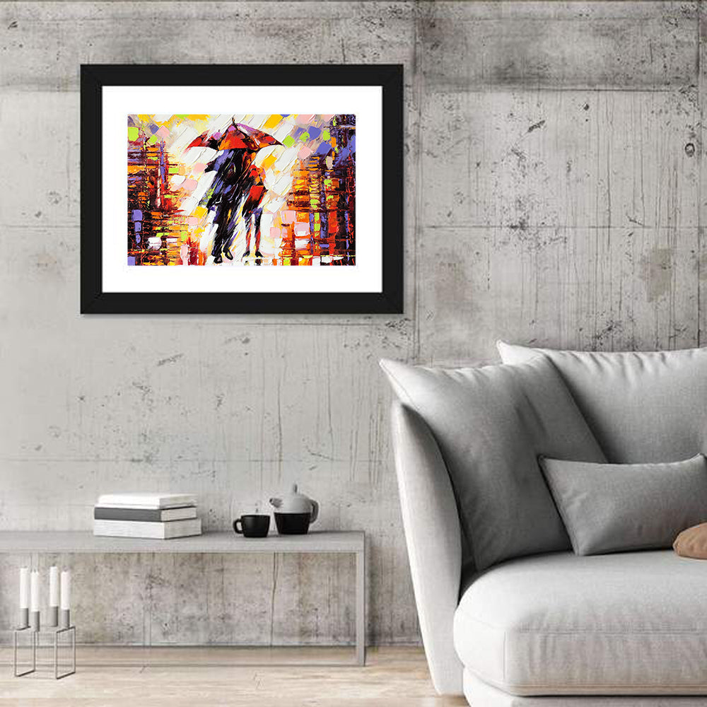Couple Under Red Umbrella Wall Art in a room, landscape