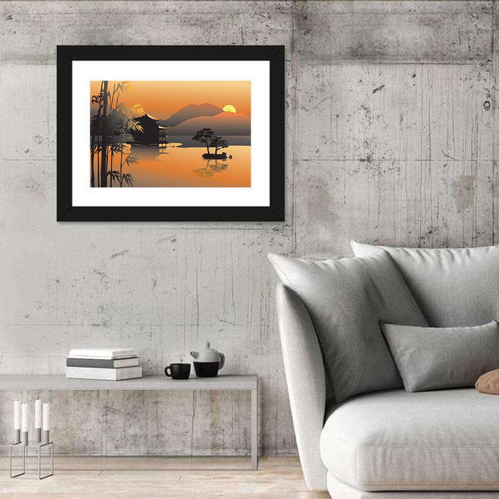 Sunset Over Asian Lake Illustration Wall Art in a room, landscape