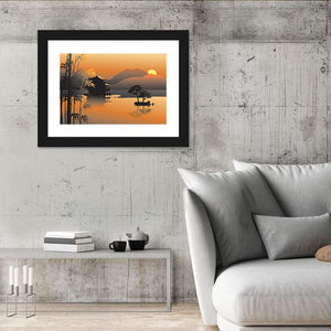 Illustrated Asian Lake With Sunset Wall Art