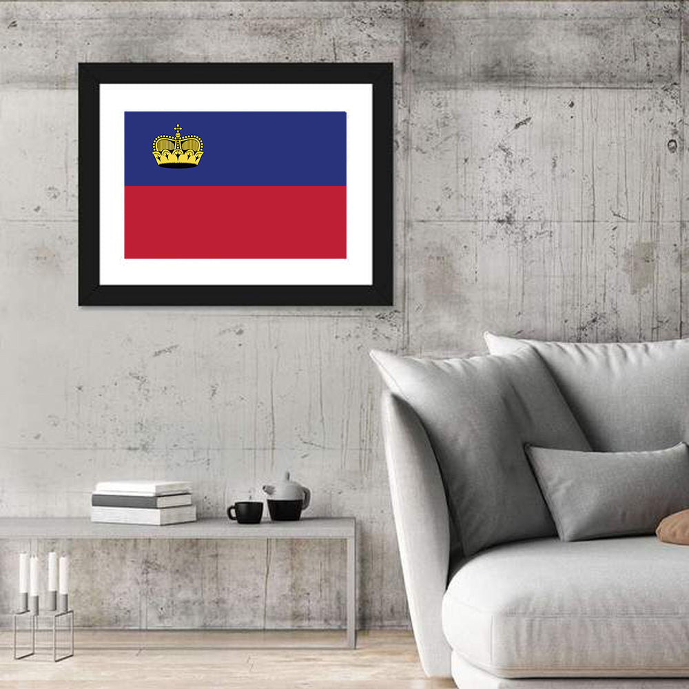 Liechtenstein Flag with Gold Crown Wall Art in a room, landscape